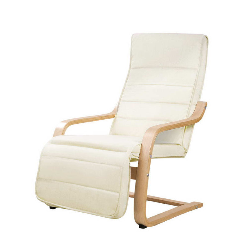 Fabric Armchair with Adjustable Footrest - Beige