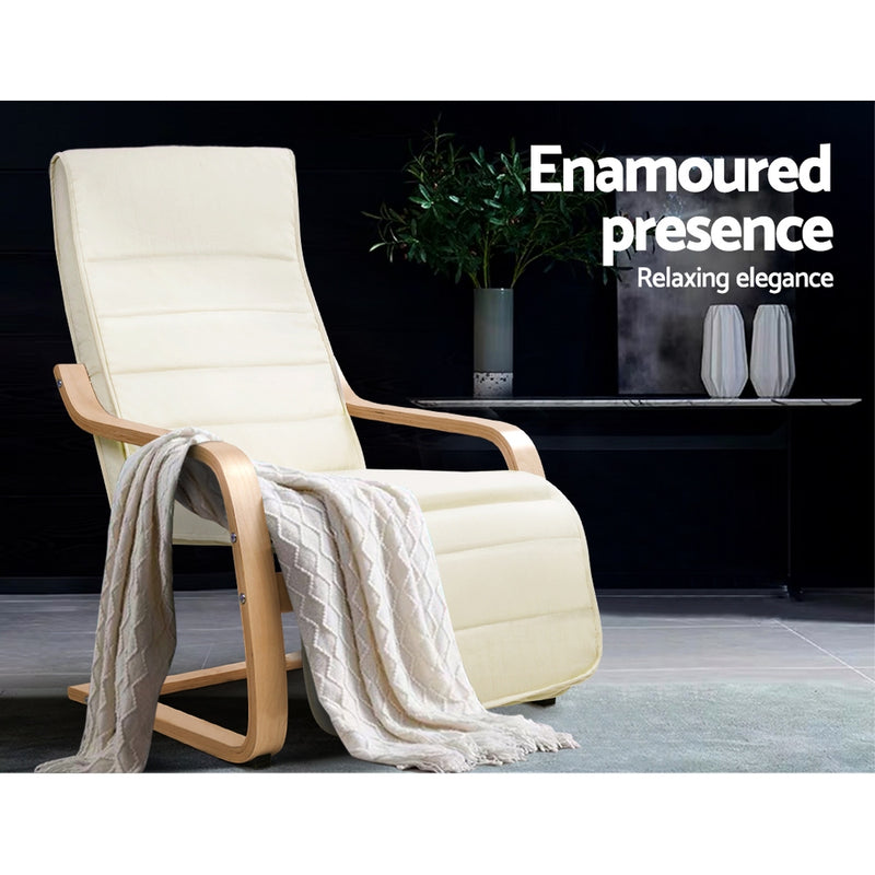 Fabric Armchair with Adjustable Footrest - Beige