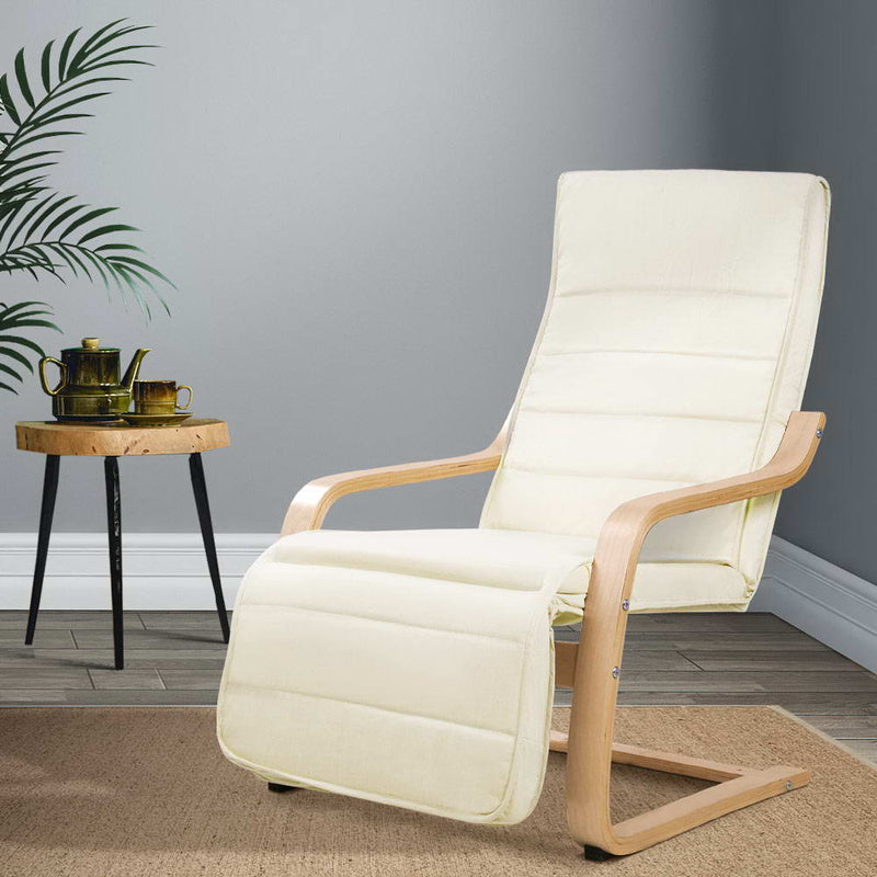 Fabric Armchair with Adjustable Footrest - Beige