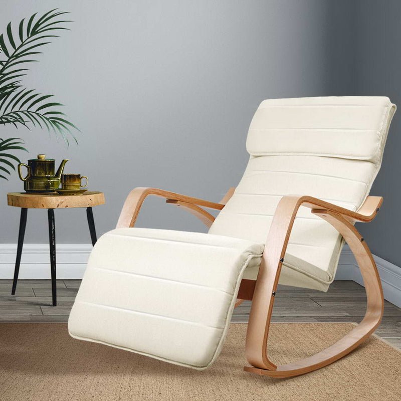 Fabric Rocking Armchair with Adjustable Footrest - Beige