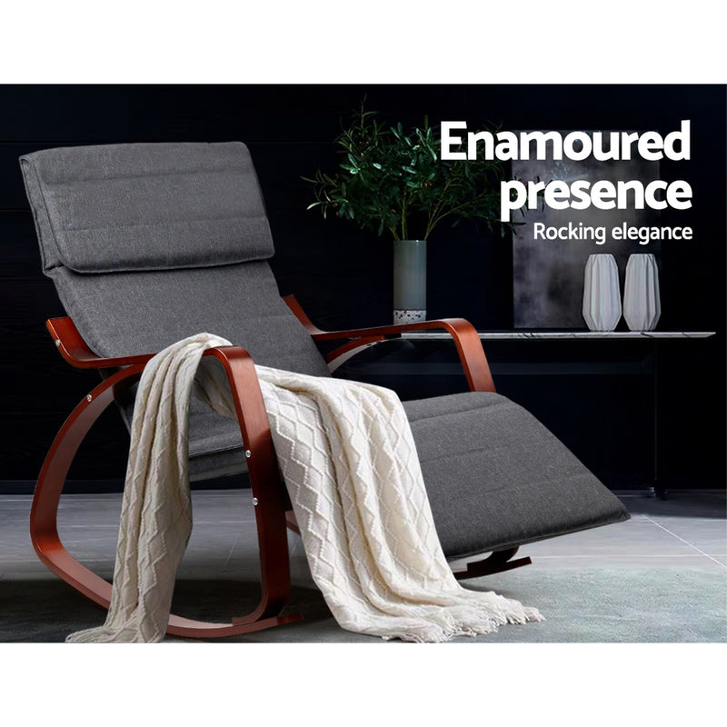 Fabric Rocking Armchair with Adjustable Footrest - Charcoal