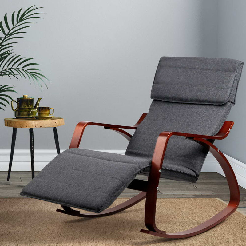 Fabric Rocking Armchair with Adjustable Footrest - Charcoal