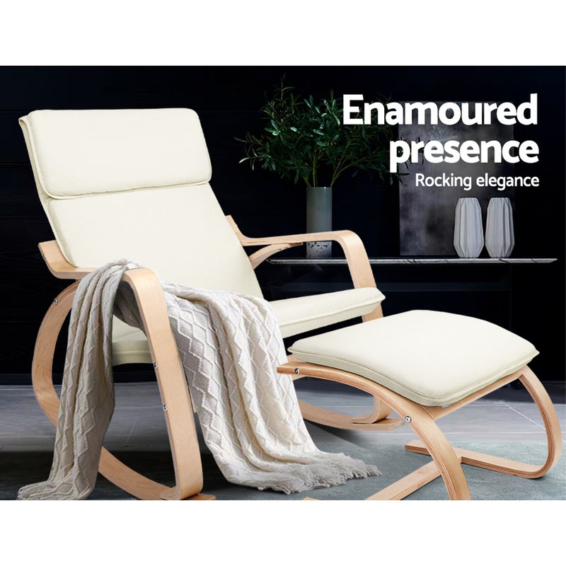 Wooden Armchair with Foot Stool - Beige