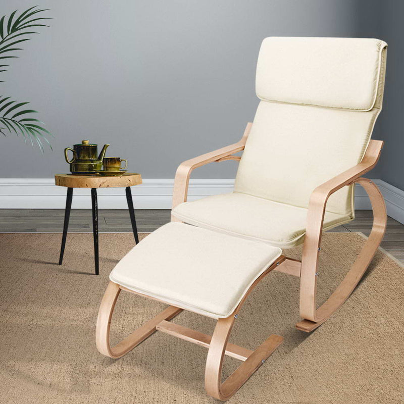 Wooden Armchair with Foot Stool - Beige