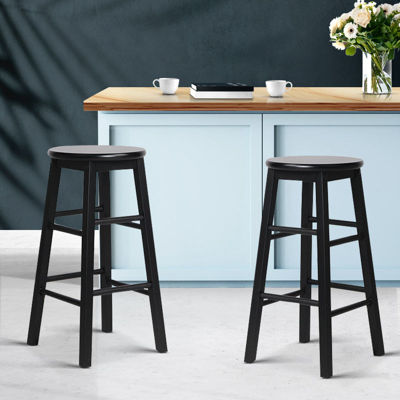 Set of 2 Beech Wood Backless Bar Stools - Black