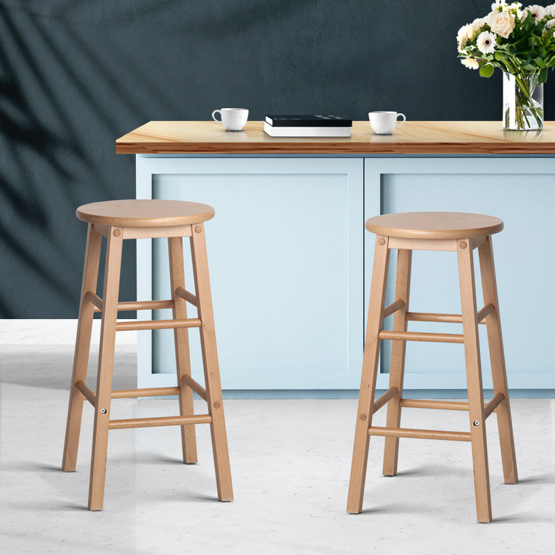 Set of 2 Beech Wood Backless Bar Stools - Natural