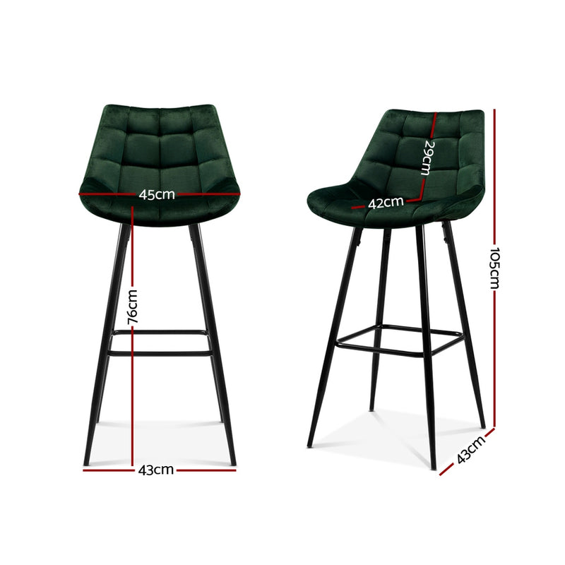 Set of 2 Kitchen Bar Stools Velvet Bar Stool Counter Chairs Metal Barstools Green