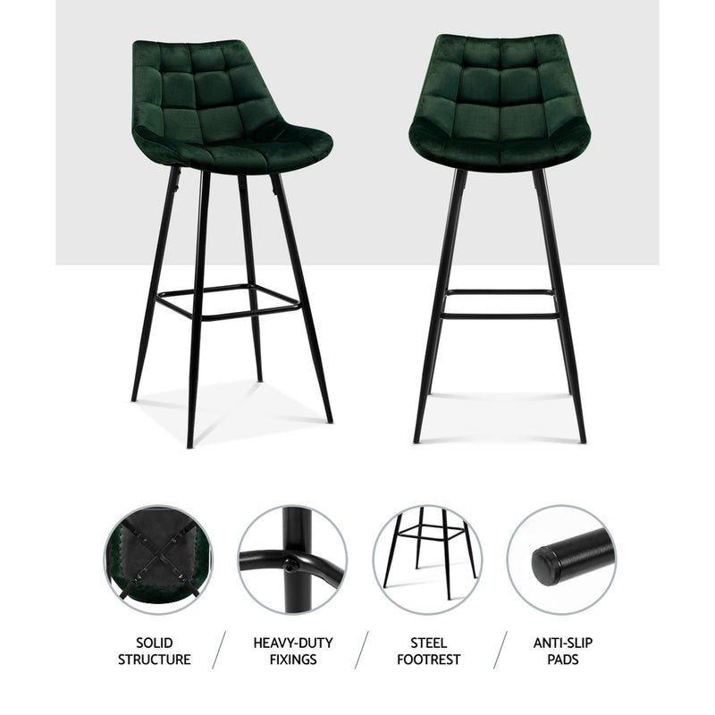 Set of 2 Kitchen Bar Stools Velvet Bar Stool Counter Chairs Metal Barstools Green