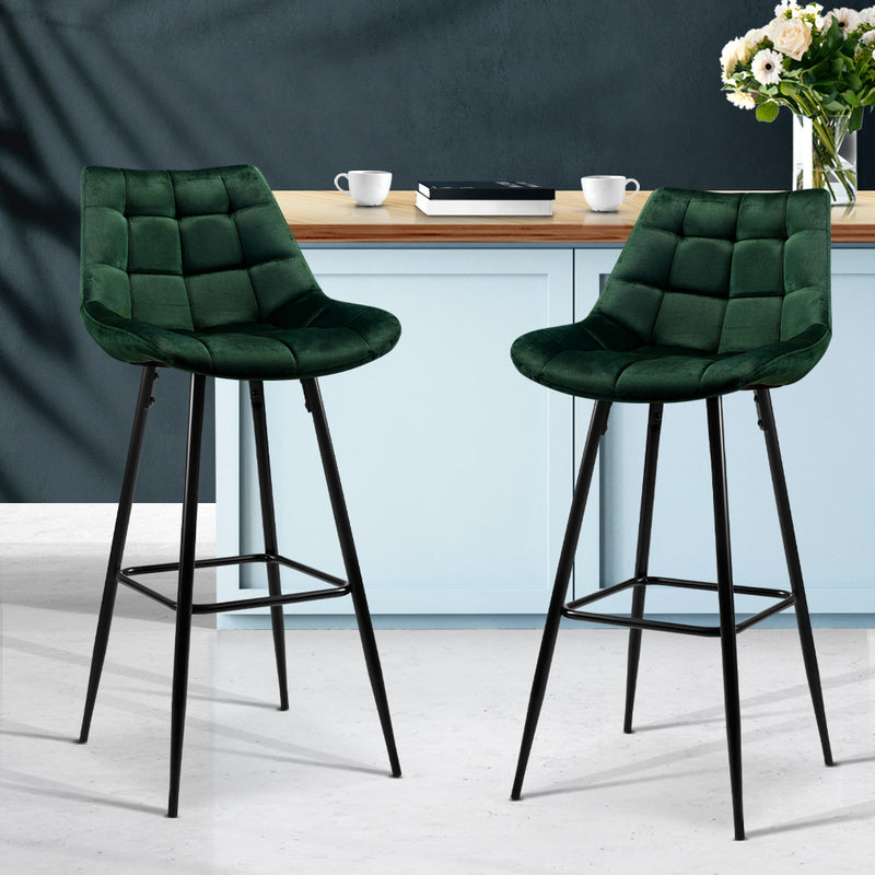 Set of 2 Kitchen Bar Stools Velvet Bar Stool Counter Chairs Metal Barstools Green