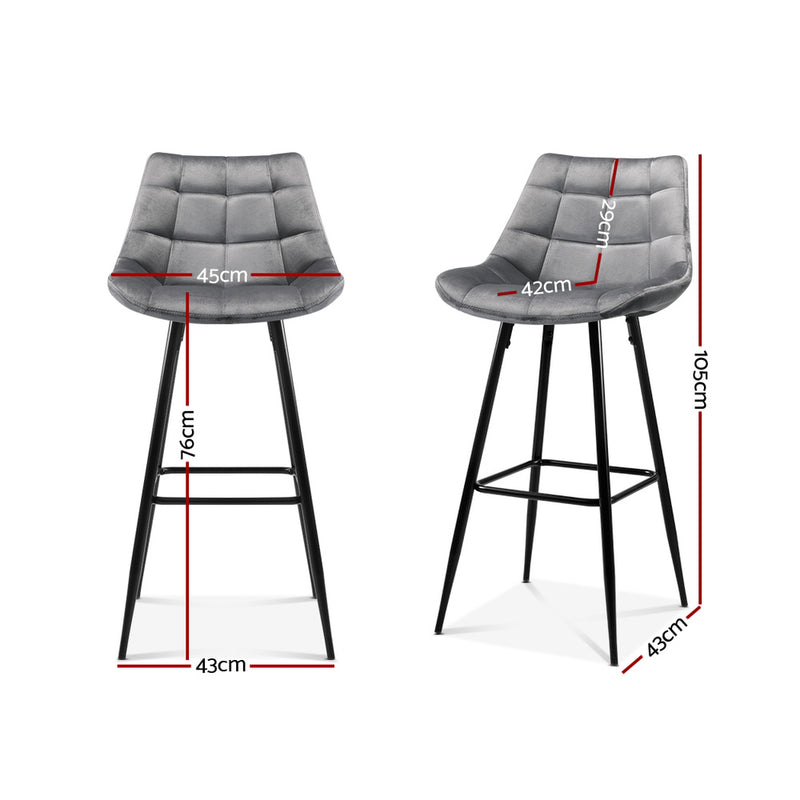 Set of 2 Kitchen Bar Stools Velvet Bar Stool Counter Chairs Metal Barstools Grey