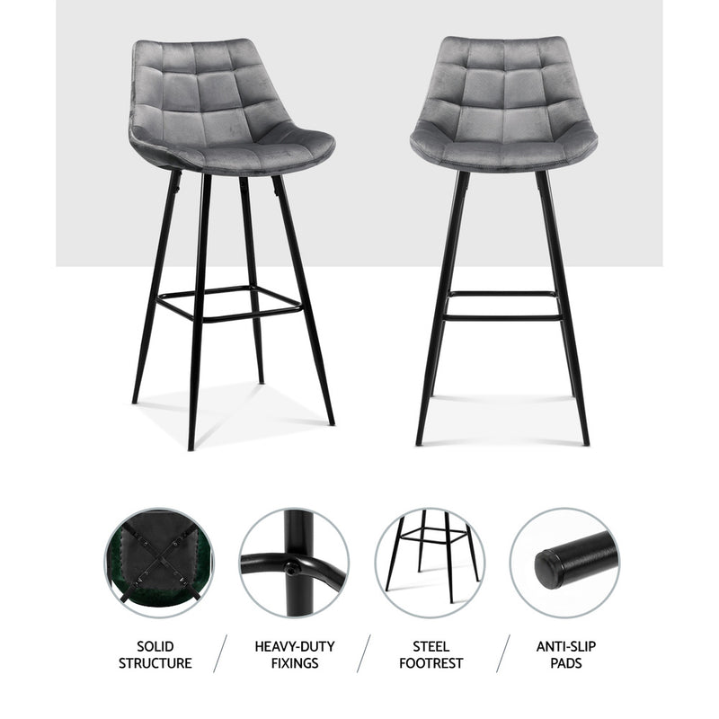 Set of 2 Kitchen Bar Stools Velvet Bar Stool Counter Chairs Metal Barstools Grey