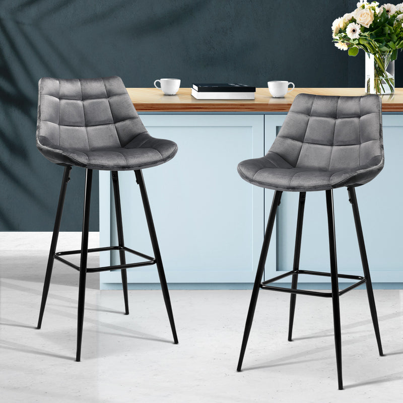 Set of 2 Kitchen Bar Stools Velvet Bar Stool Counter Chairs Metal Barstools Grey