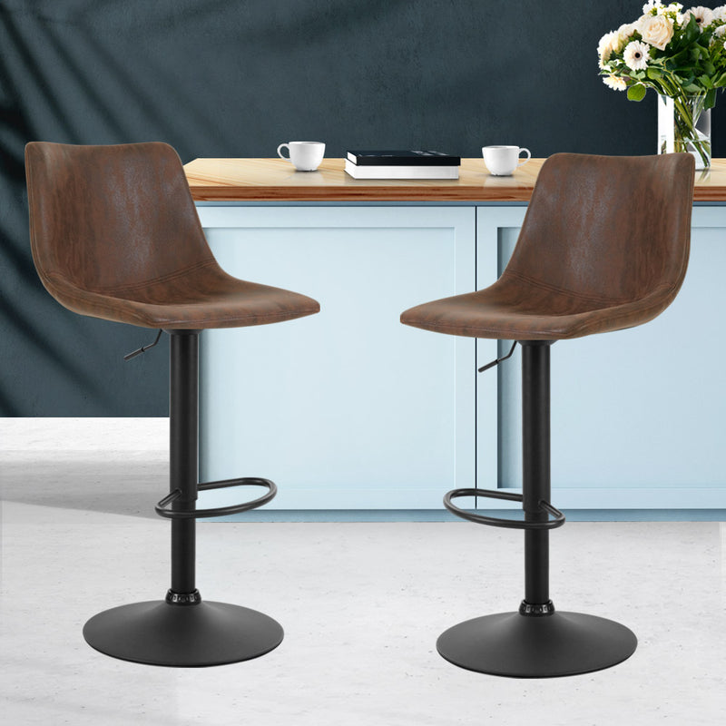 Set of 2 Kitchen Bar Stools Gas Lift Bar Stool Chairs Swivel Vintage PU Leather Brown Black Coated Legs