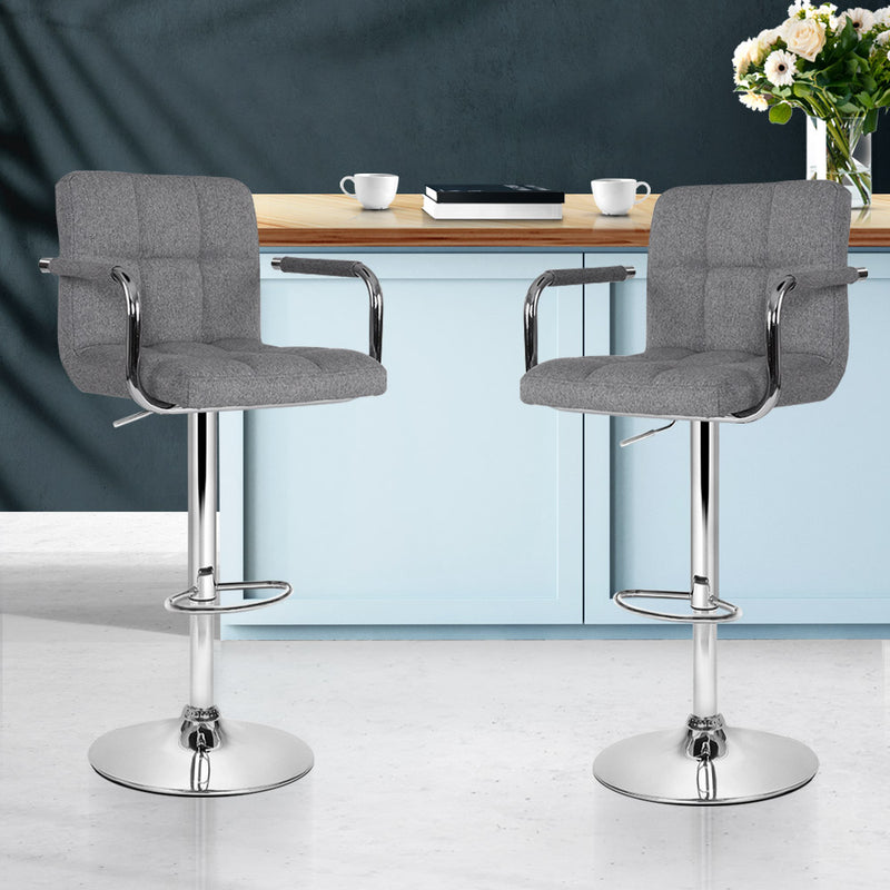 Set of 2 Bar Stools Kitchen Bar Stool Chairs Gas Lift Swivel Fabric Chrome Grey