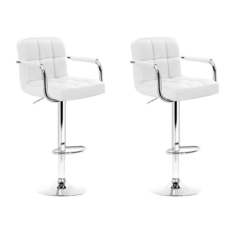 Set of 2 Bar Stools Gas lift Swivel Chairs Kitchen Armrest PU Leather Chrome White