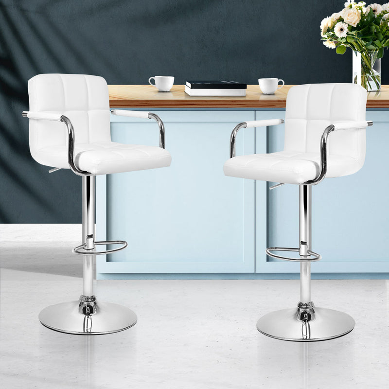 Set of 2 Bar Stools Gas lift Swivel Chairs Kitchen Armrest PU Leather Chrome White