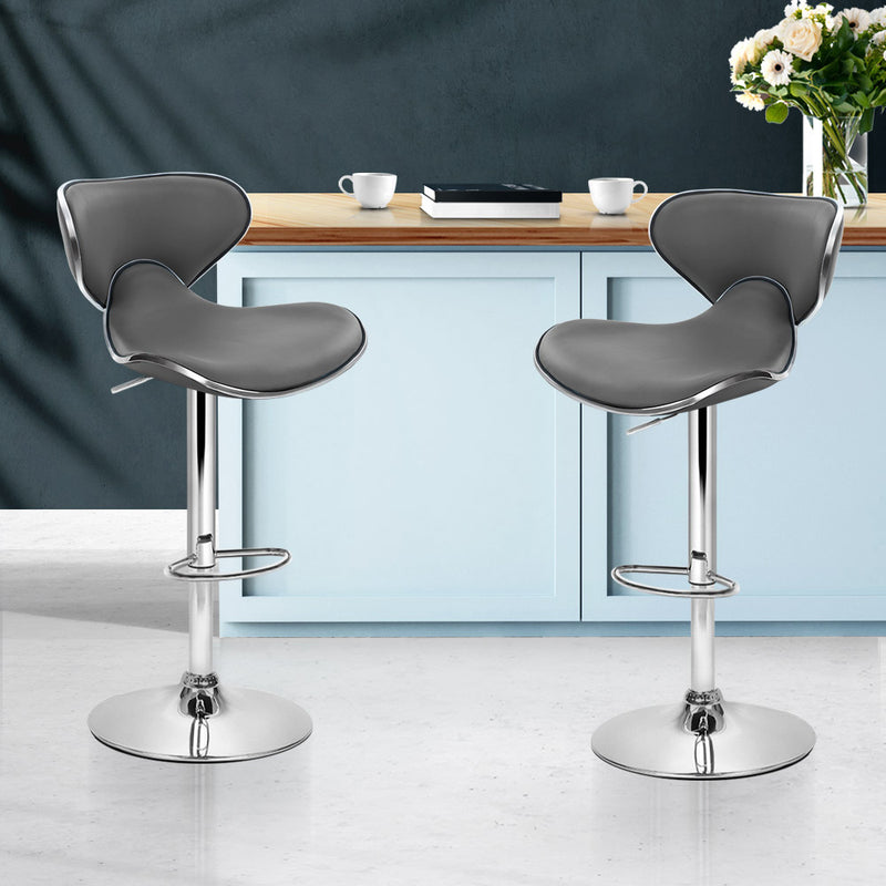 Set of 2 Bar Stools Gas lift Swivel Chairs Kitchen PU Leather Chrome Grey