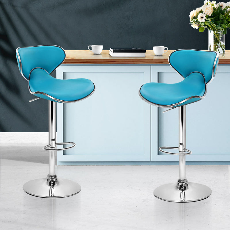 Set of 2 Bar Stools Gas lift Swivel Chairs Kitchen PU Leather Chrome Teal