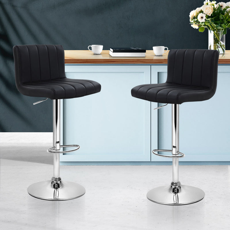 Set of 2 PU Leather Bar Stools Kitchen Chair Bar Stool Black Lana Gas Lift Swivel