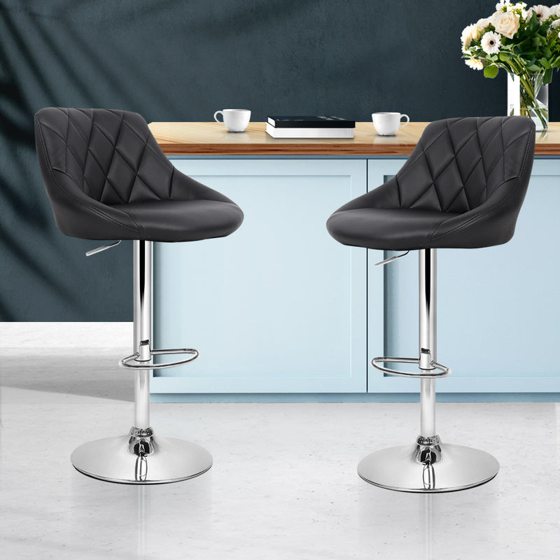 Set of 2 Bar Stools Kitchen Gas Lift Swivel Chairs PU Leather Chrome Black