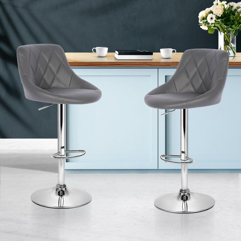 Set of 2 Bar Stools Kitchen Gas Lift Swivel Chairs PU Leather Chrome Grey