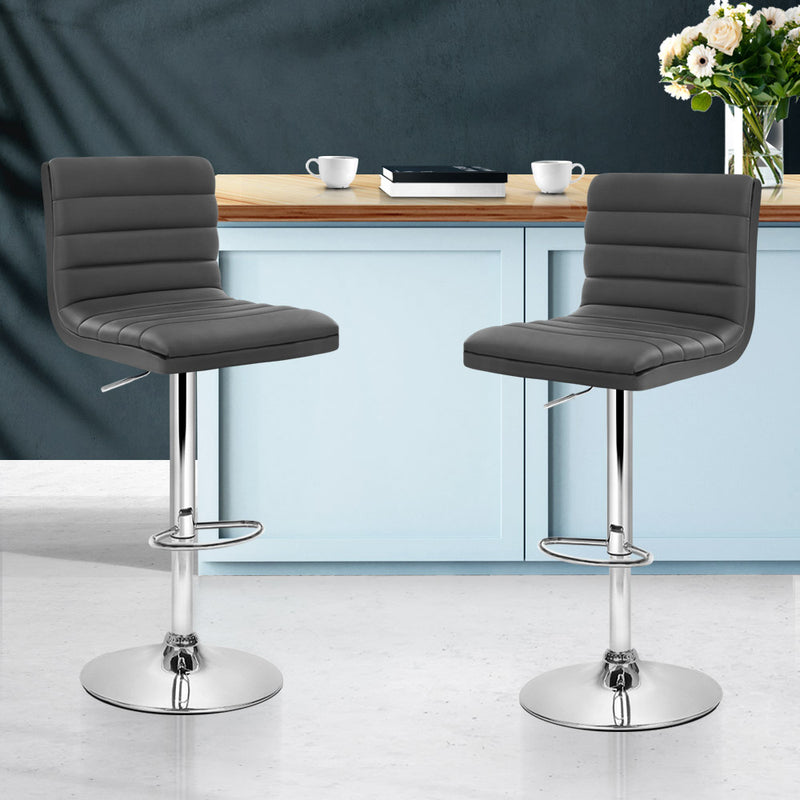 Set of 2 Gas lift Bar Stools Swivel Kitchen Chairs PU Leather Chrome Grey