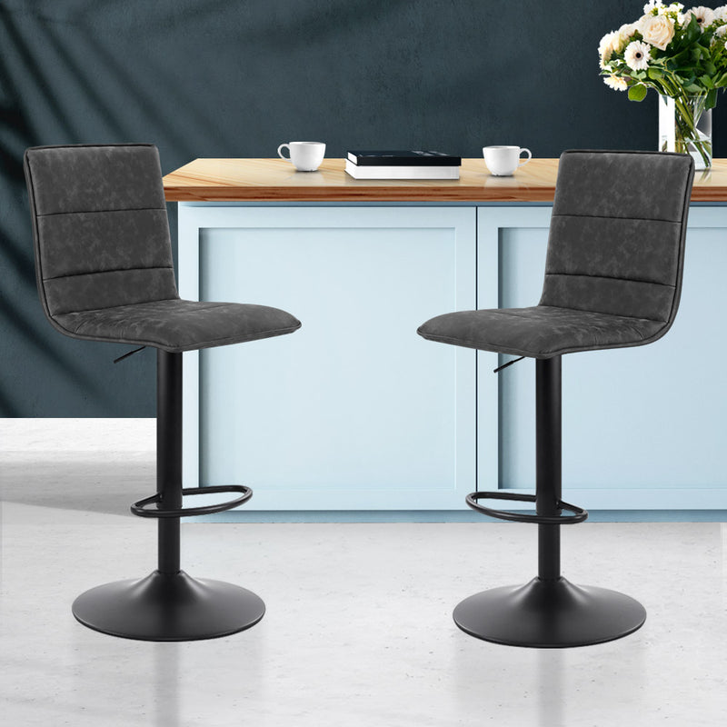 Set of 2 Kitchen Bar Stools Gas Lift Bar Stool Chairs Swivel Vintage PU Leather Grey Black Coated Legs