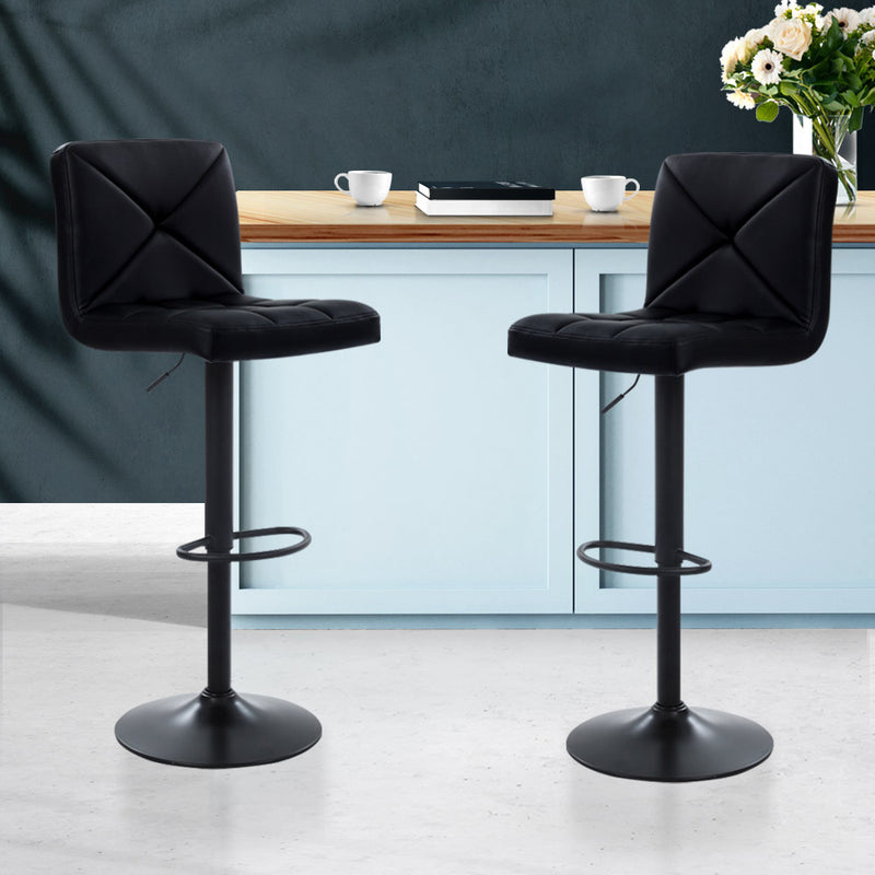 Set of 2 PU Leather Gas Lift Bar Stools - Black