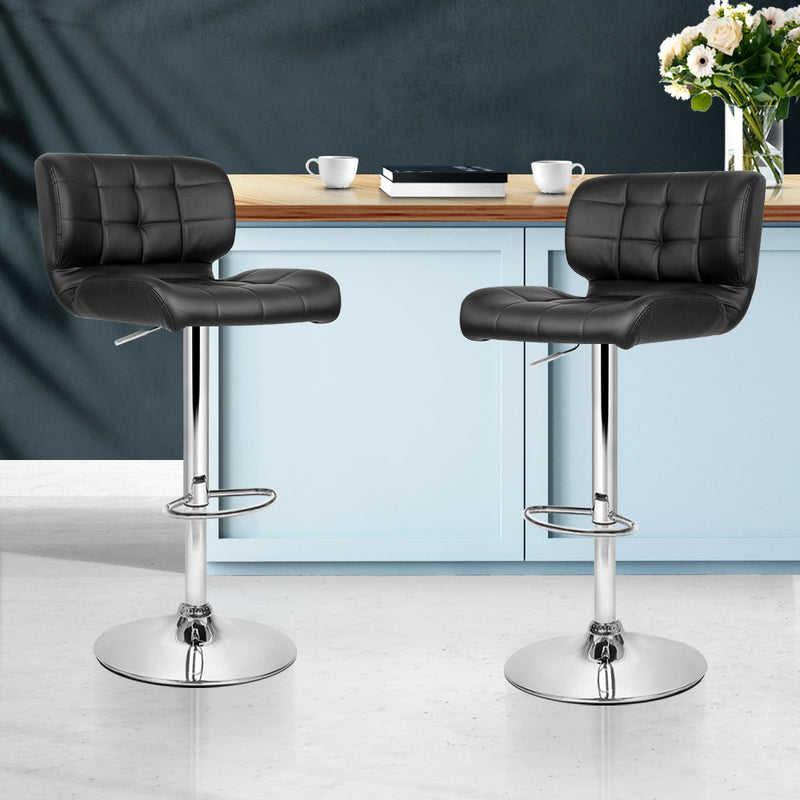 Set of 2 PU Leather Gas Lift Bar Stools - Black