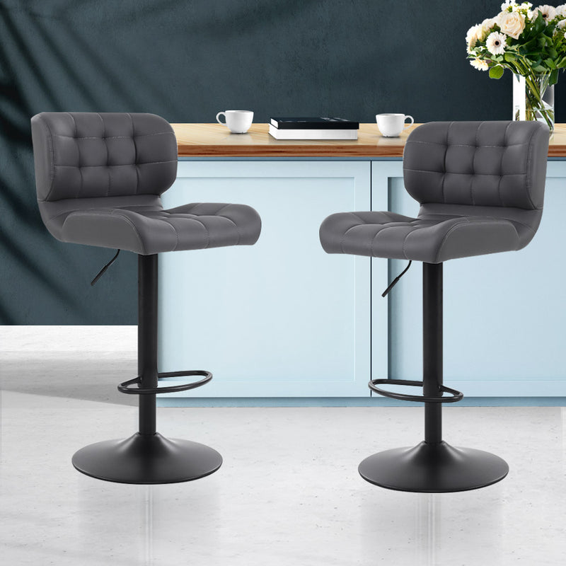 Set of 2 Kitchen Bar Stools Gas Lift Bar Stool Chairs Swivel PU Leather Black Grey