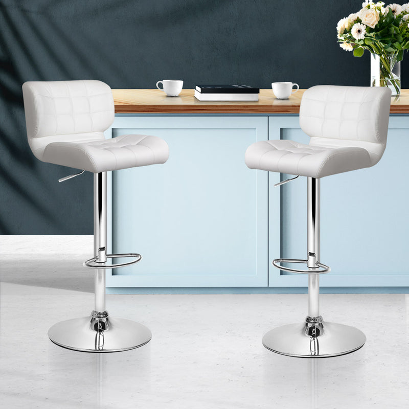 Set of 2 PU Leather Gas Lift Bar Stools - White