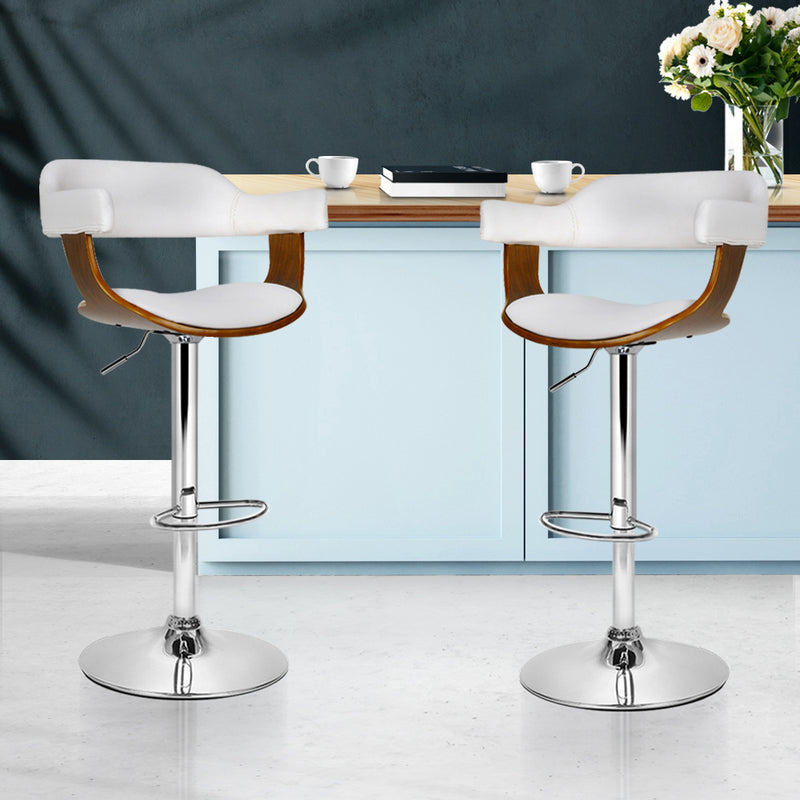 Set of 2 Wooden Bar Stools SELINA Kitchen Swivel Bar Stool Chairs PU Leather White