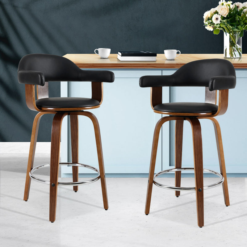 Set of 2 Bar Stools Wooden Swivel Bar Stool Kitchen Dining Chair Wood Black