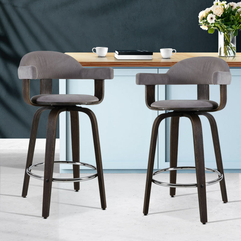 Set of 2 Bar Stools Wooden Swivel Bar Stool Kitchen Dining Chair Wood Grey