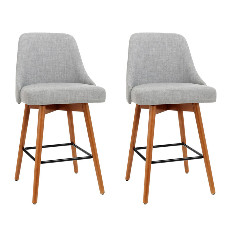 Set of 2 Wooden Bar Stools Swivel Bar Stool Kitchen Cafe Fabric Light Grey