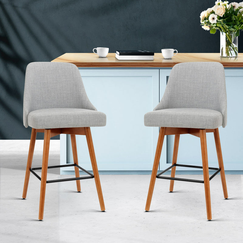 Set of 2 Wooden Bar Stools Swivel Bar Stool Kitchen Cafe Fabric Light Grey