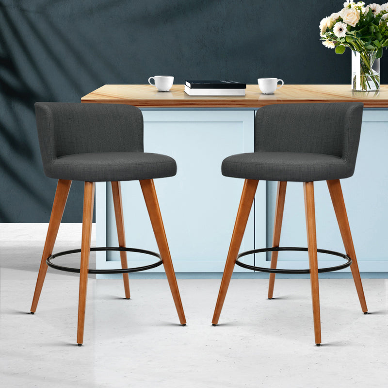 Set of 2 Wooden Bar Stools Modern Bar Stool Kitchen Fabric Charcoal