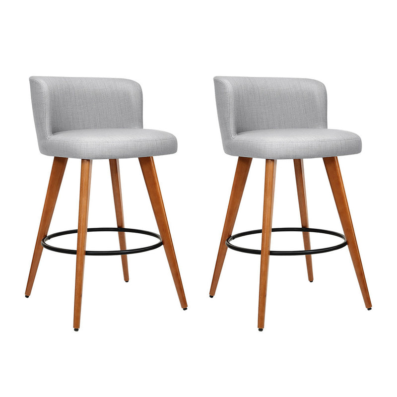 Set of 2 Wooden Bar Stools Modern Bar Stool Kitchen Fabric Light Grey