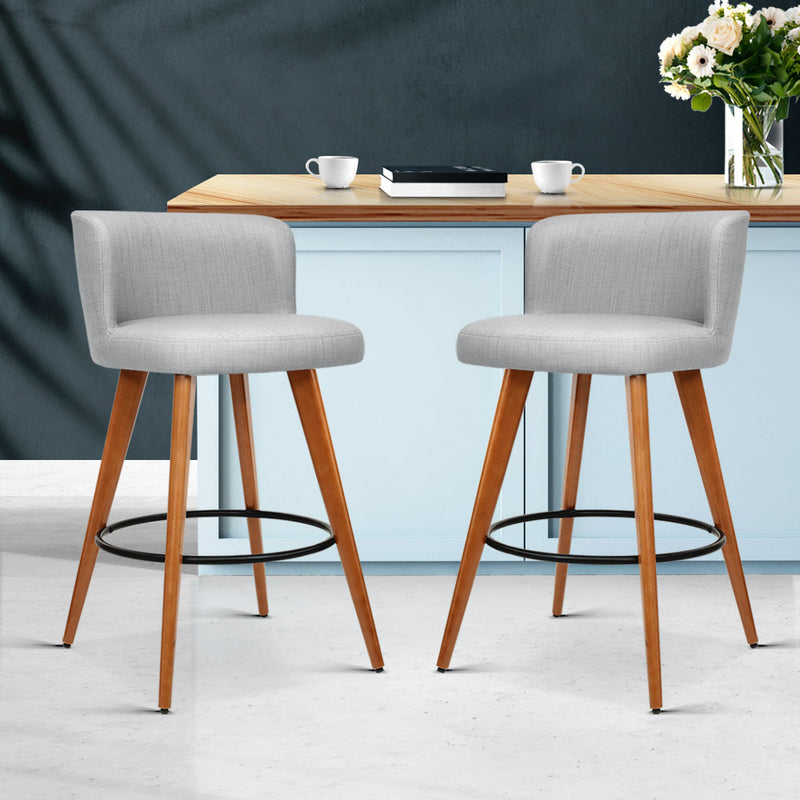 Set of 2 Wooden Bar Stools Modern Bar Stool Kitchen Fabric Light Grey