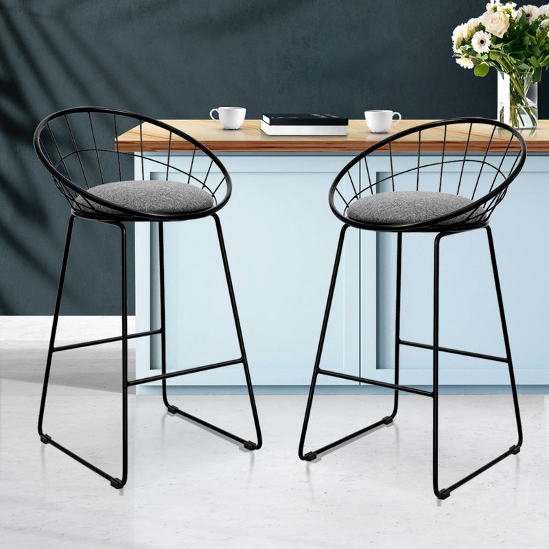 Set of 2 Nordic Bar Stools Metallic Bar Stool Kitchen Fabric Grey Black