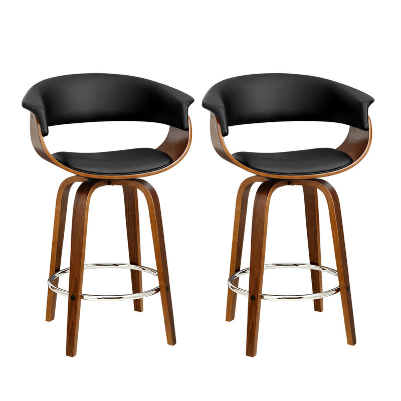 Set of 2 Bar Stools Wooden Bar Stool Swivel Kitchen Dining Chairs PU Leather Black