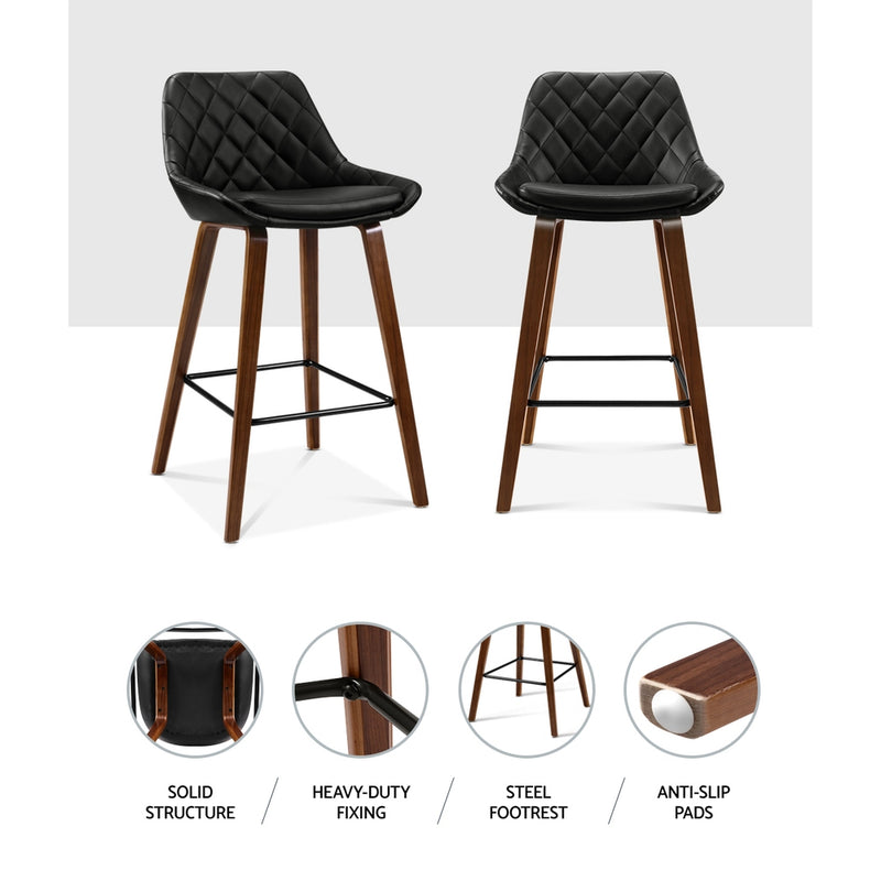 Set of 2 Kitchen Bar Stools Wooden Stool Chairs Bentwood Barstool PU Leather Black