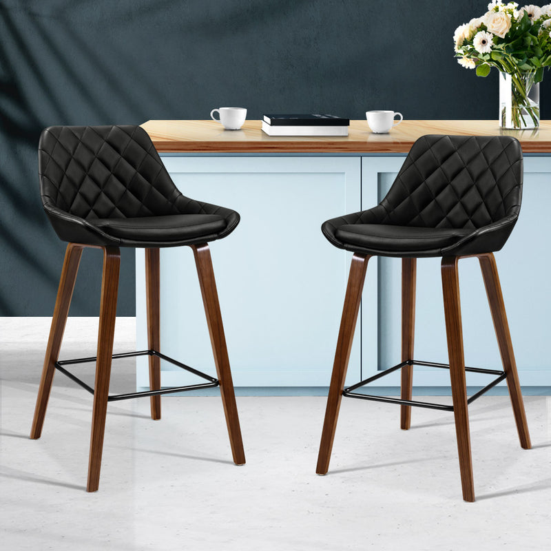 Set of 2 Kitchen Bar Stools Wooden Stool Chairs Bentwood Barstool PU Leather Black