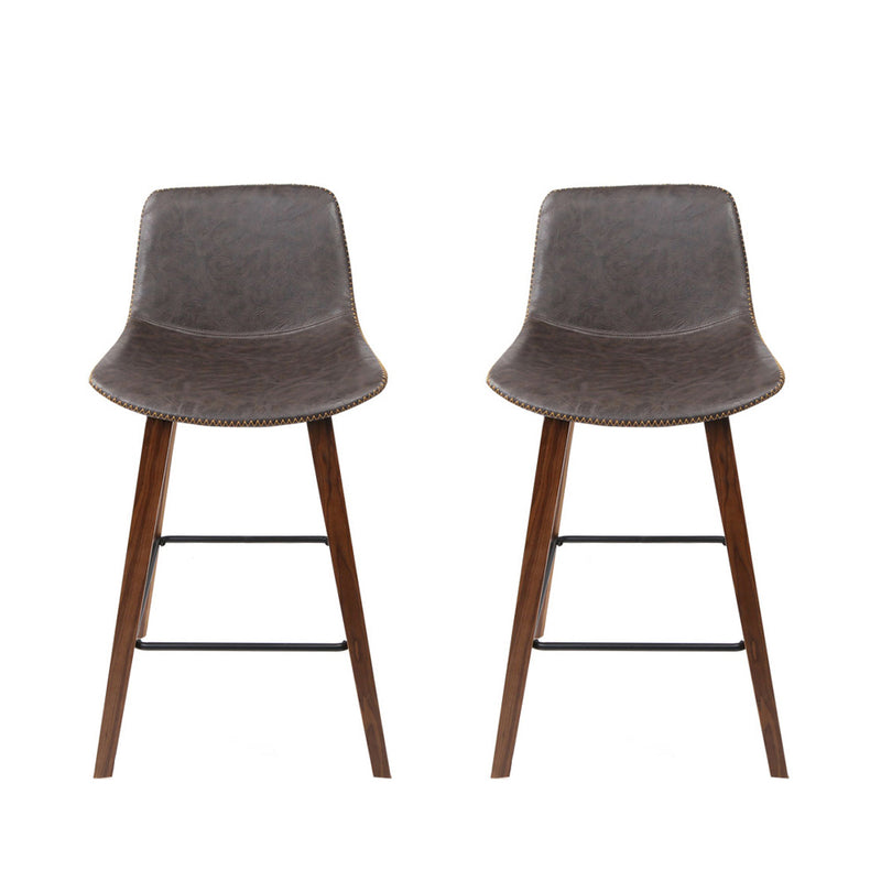 Set of 2 PU Leather Bar Stools - Walnut