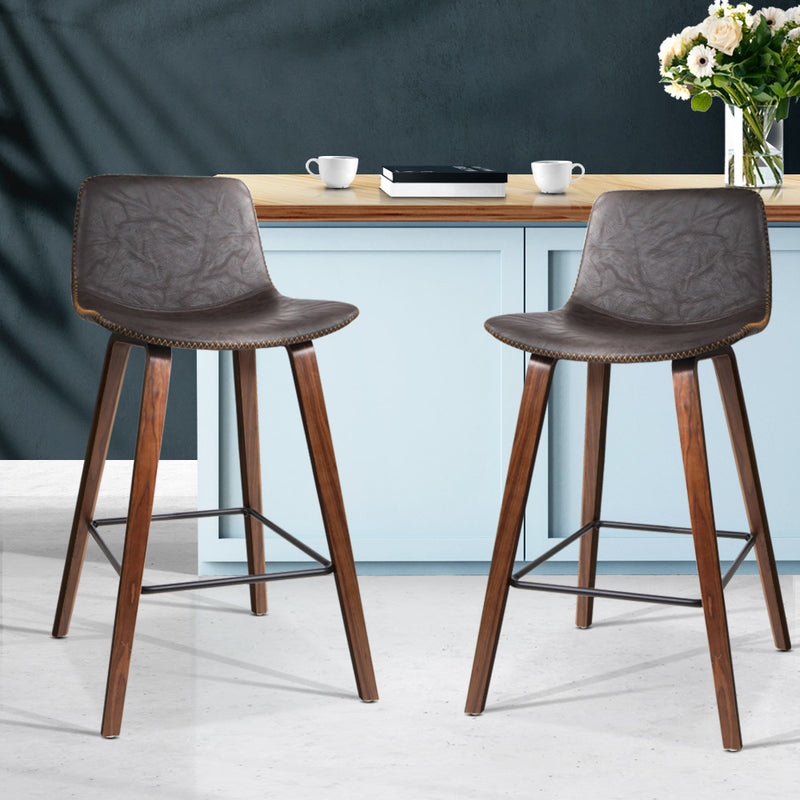 Set of 2 PU Leather Bar Stools - Walnut