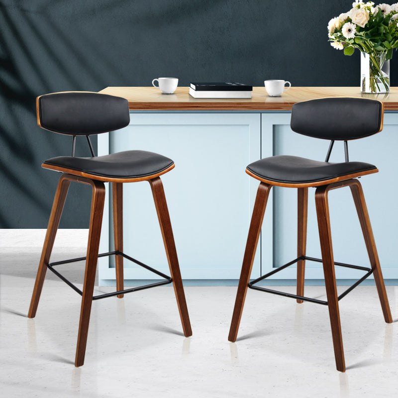 Set of 2 PU Leather Bar Stools - Black