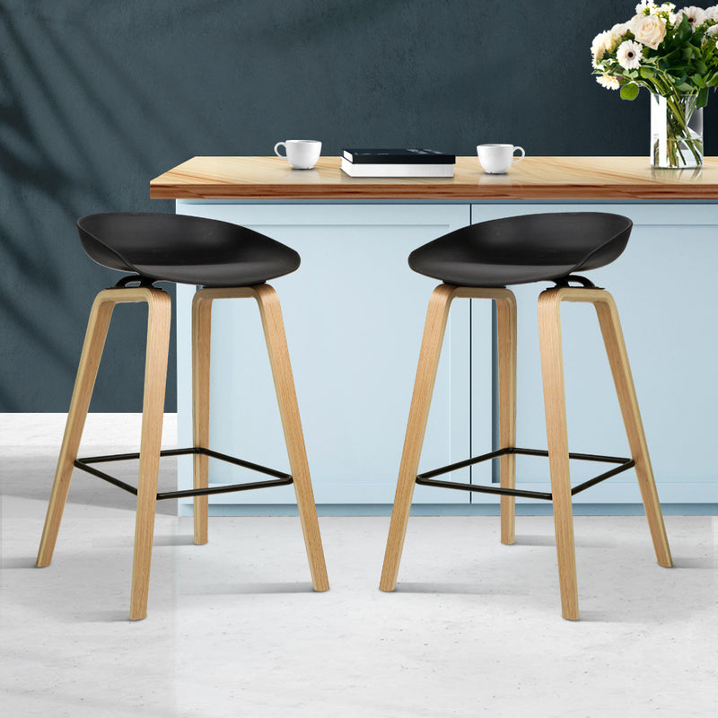 Set of 2 Wooden Backless Bar Stools - Black