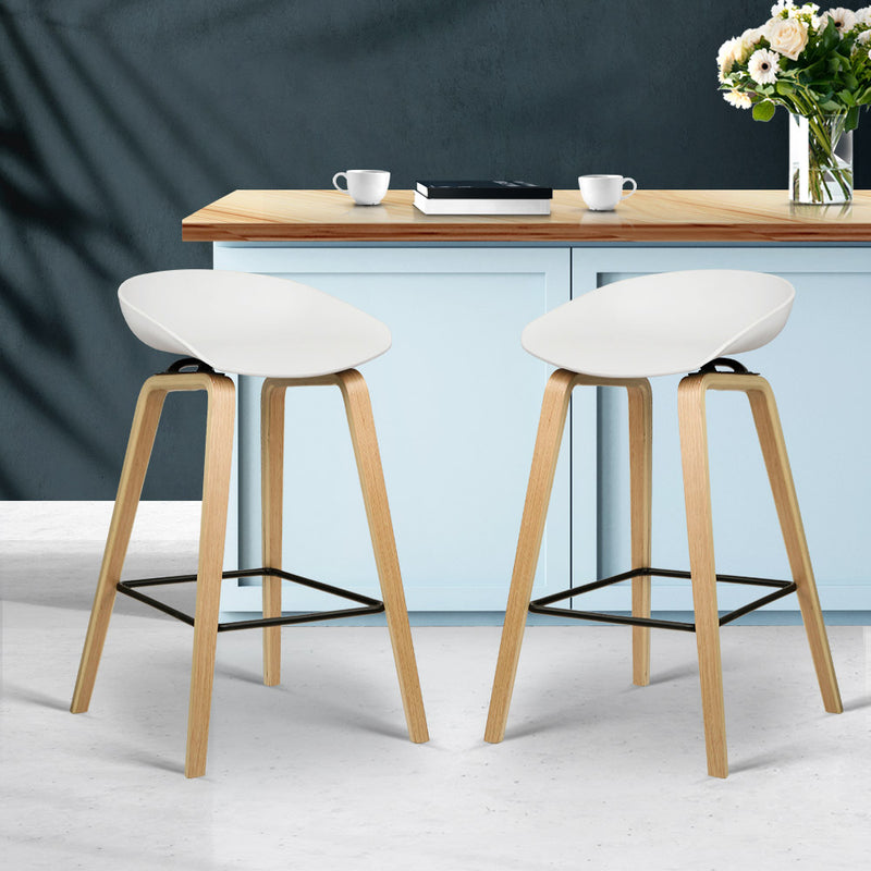 Set of 2 Wooden Backless Bar Stools - White