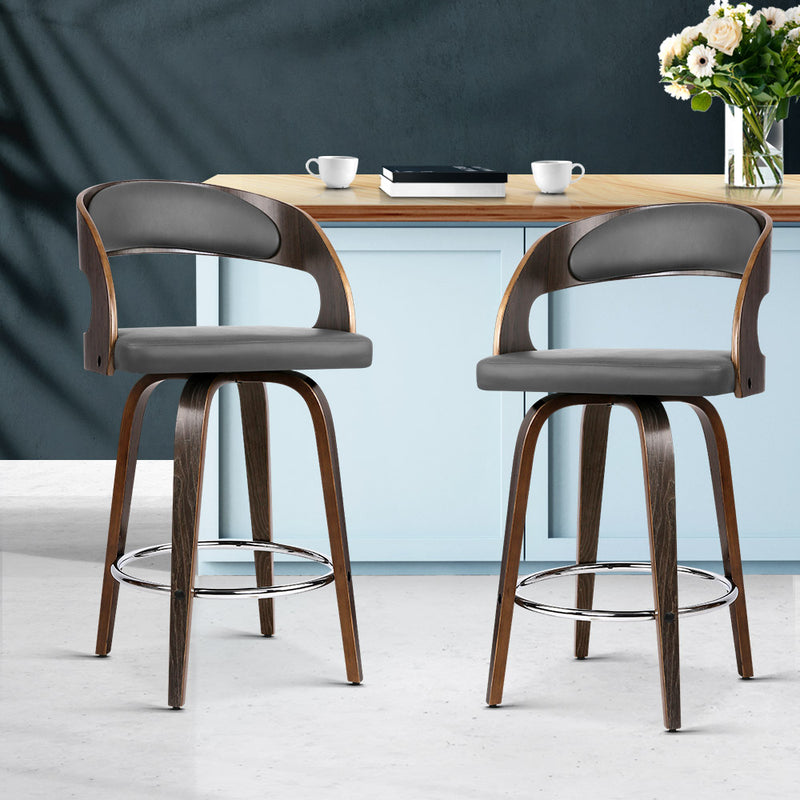 Set of 2 Walnut Wooden Bar Stool - Grey and Walnut