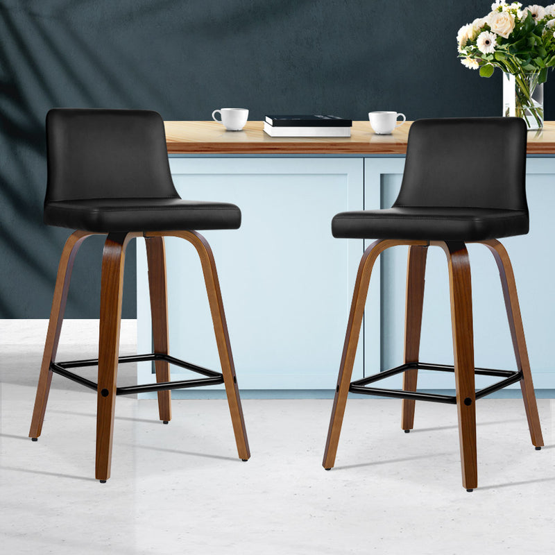 Set of 2 Kitchen Wooden Bar Stools Swivel Bar Stool Chairs PU Leather Luxury Black